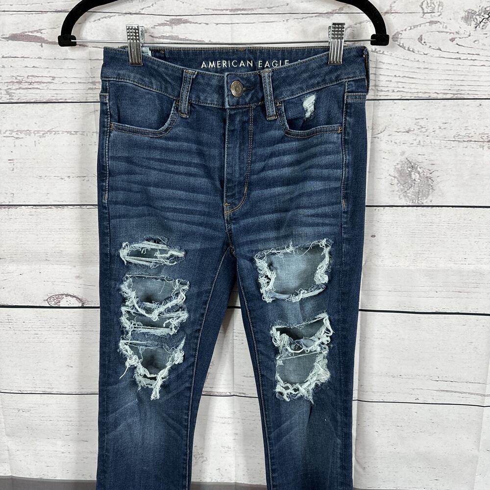 American Eagle Jeans Womens 6 Blue High Rise Jegging Next level Stretch Distress - Picture 4 of 10